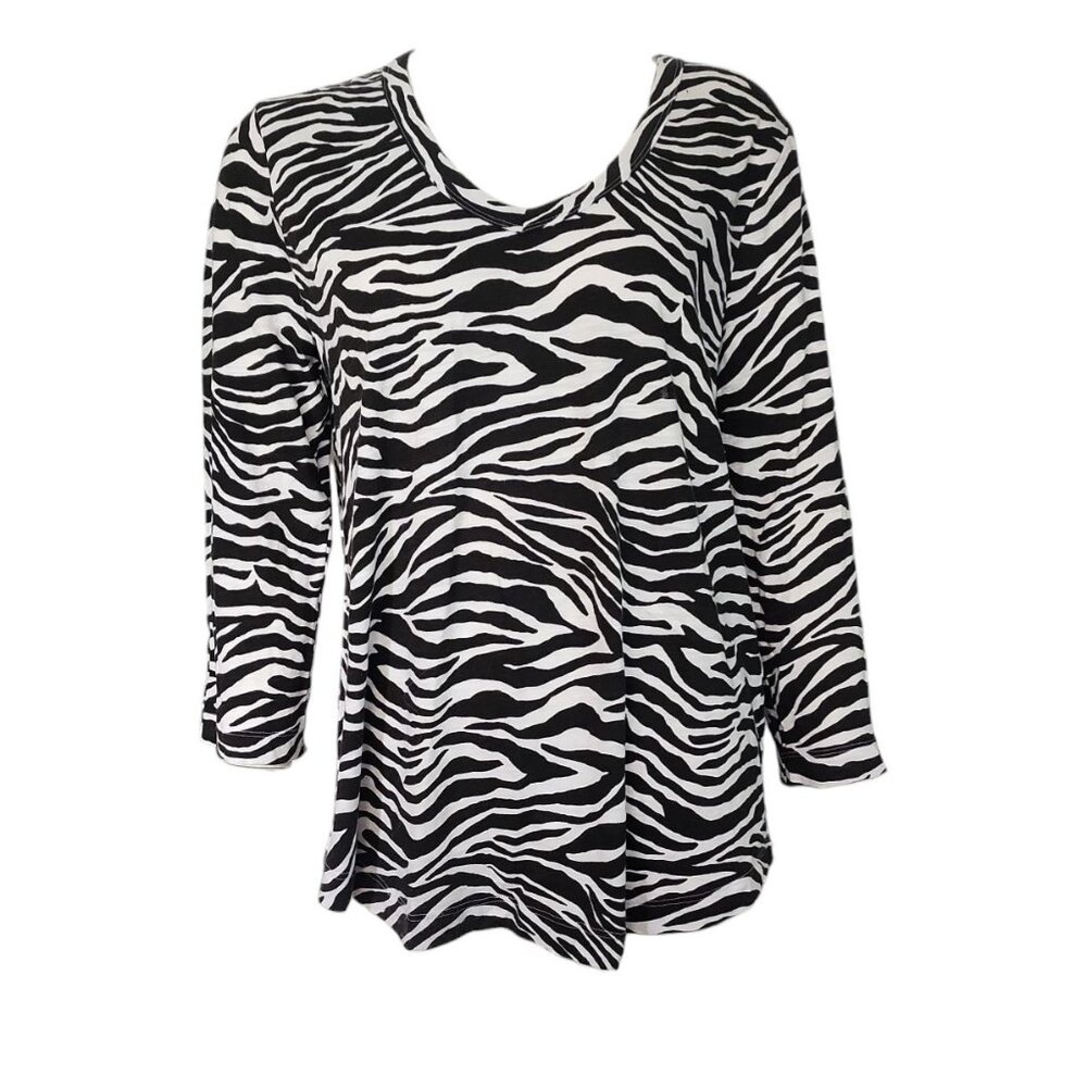 Chicos Top Size 2 Womens L Large Black White‎ Zebra Animal Print Pullover Shirt